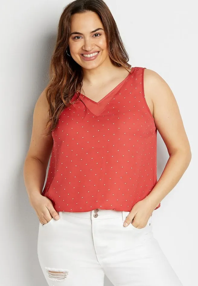 Plus Size Red Polka Dot Sheer Inset V Neck Tank Top Women Maurices Plus Tops