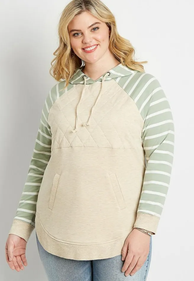 Plus Size Stripe Sleeve Quilted Front Pullover Hoodie Women Maurices Plus Tops