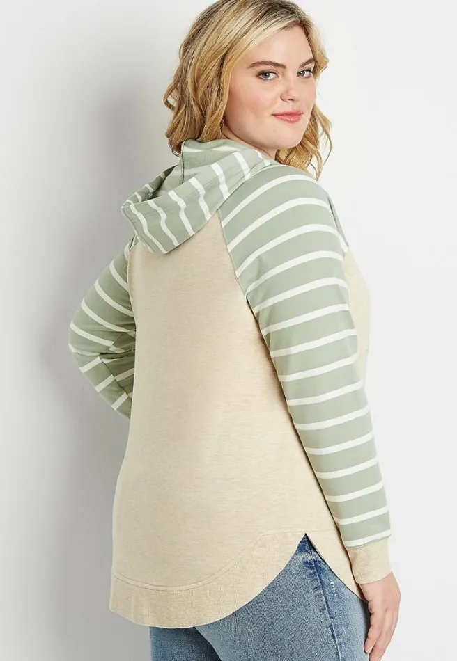 Plus Size Stripe Sleeve Quilted Front Pullover Hoodie Women Maurices Plus Tops