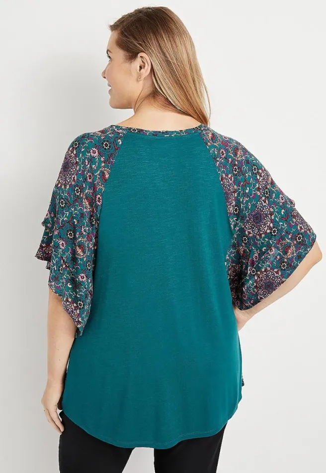 Plus Size Teal Floral Flutter Sleeve Top Women Maurices Plus Tops