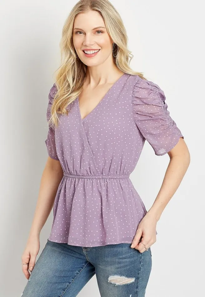 Polka Dot Mesh Ruched Sleeve Top Women Maurices Tops