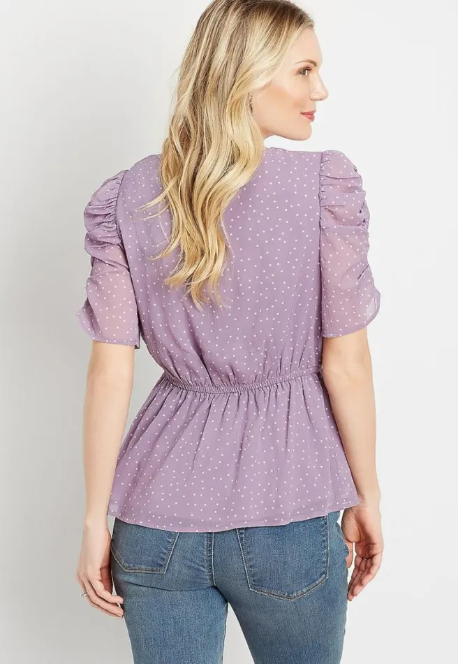 Polka Dot Mesh Ruched Sleeve Top Women Maurices Tops