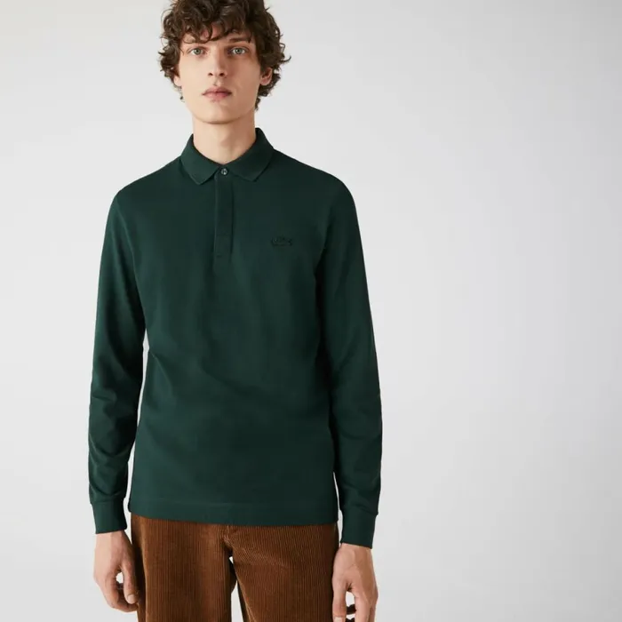 Polos Men Lacoste Men039s Smart Paris Long Sleeve Stretch Cotton Polo Forest Green Yzp