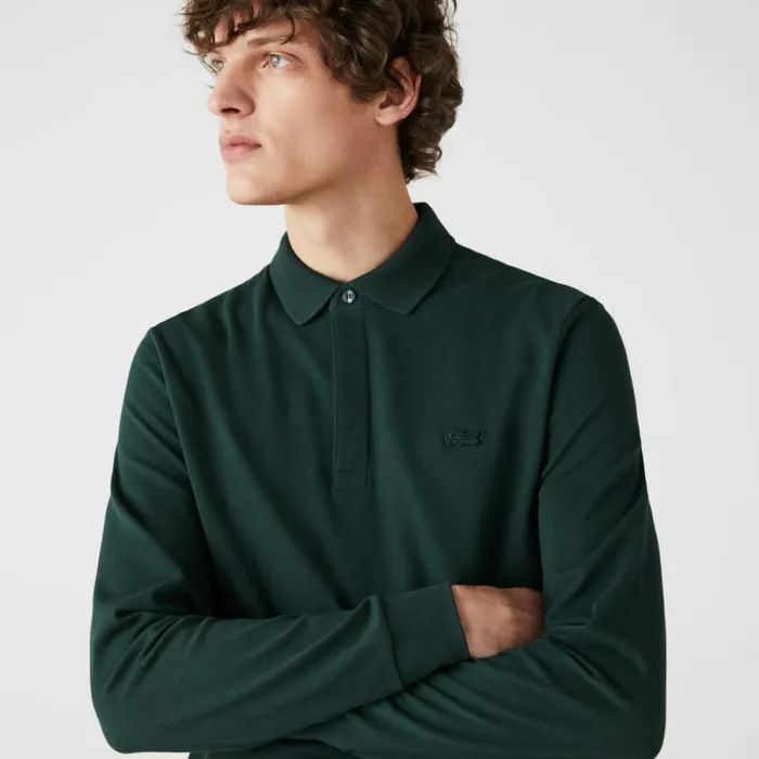 Polos Men Lacoste Men039s Smart Paris Long Sleeve Stretch Cotton Polo Forest Green Yzp