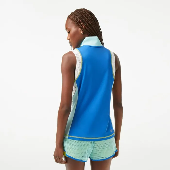Polos Women Lacoste Womens Tennis Sleeveless Zip Neck UltraDry Polo Blue Light Green White 7sv