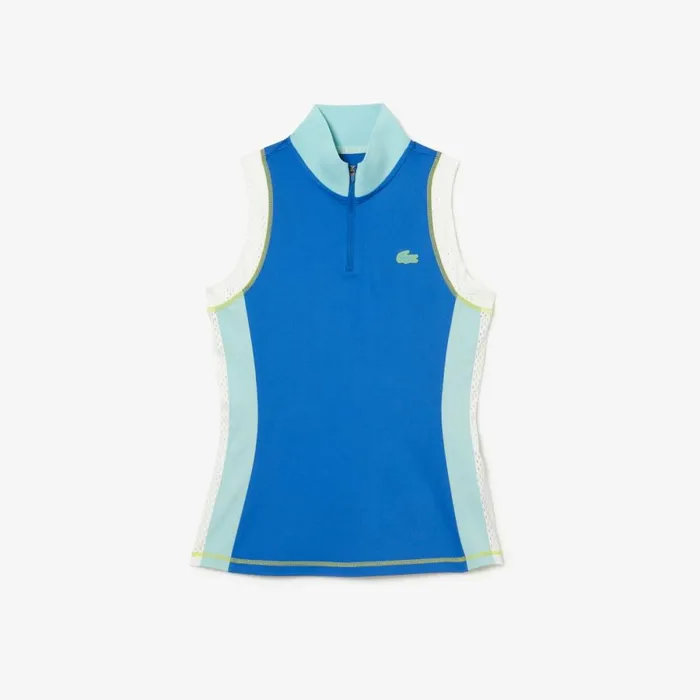 Polos Women Lacoste Womens Tennis Sleeveless Zip Neck UltraDry Polo Blue Light Green White 7sv