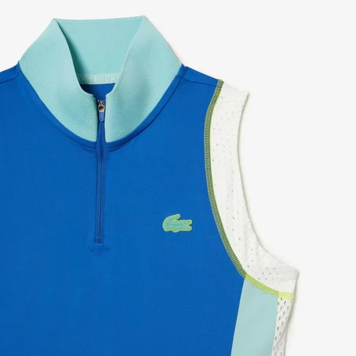 Polos Women Lacoste Womens Tennis Sleeveless Zip Neck UltraDry Polo Blue Light Green White 7sv