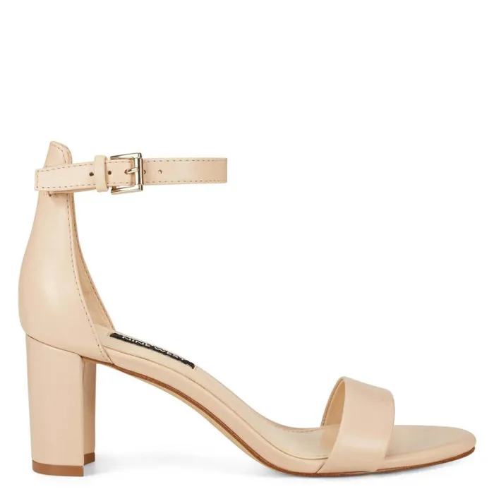 Pruce Ankle Strap Block Heel Sandals Ivory Leather Women Nine West Heels