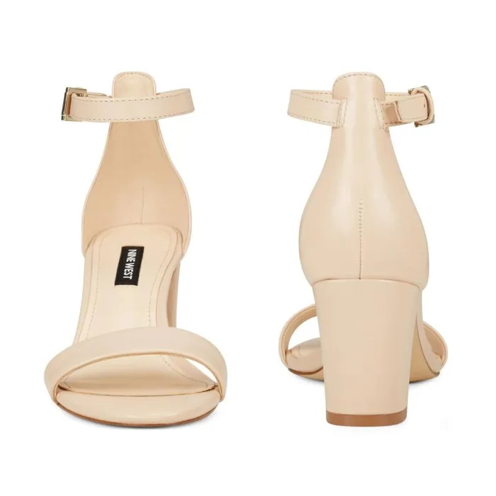 Pruce Ankle Strap Block Heel Sandals Ivory Leather Women Nine West Heels Pruce Ankle Strap Block Heel Sandals Ivory Leather Women Nine West Heels