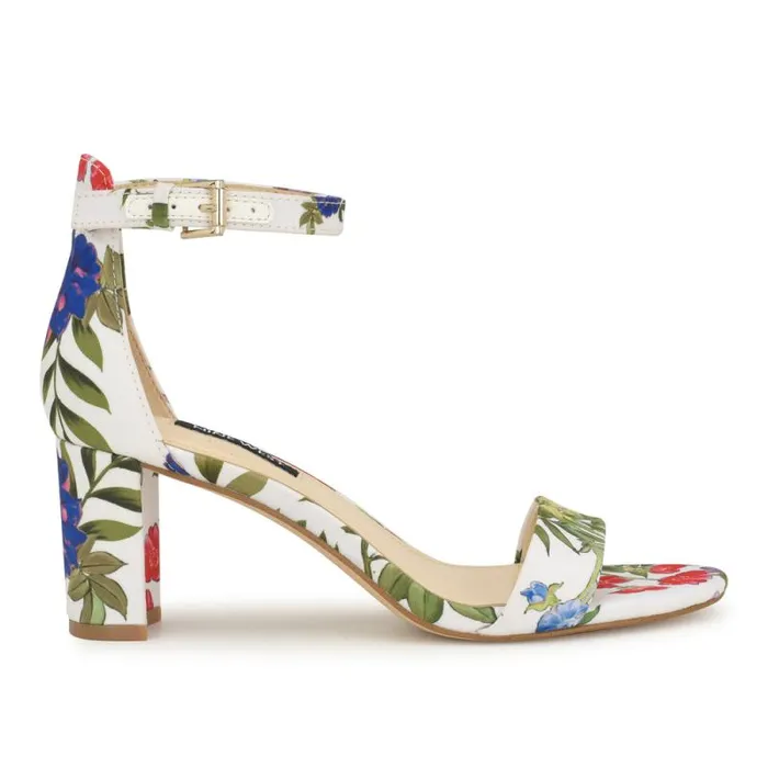 Pruce Ankle Strap Block Heel Sandals White Floral Women Nine West Sandals