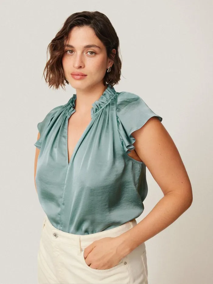 Recycled Satin Frill Neck Top Green Women Jigsaw Party