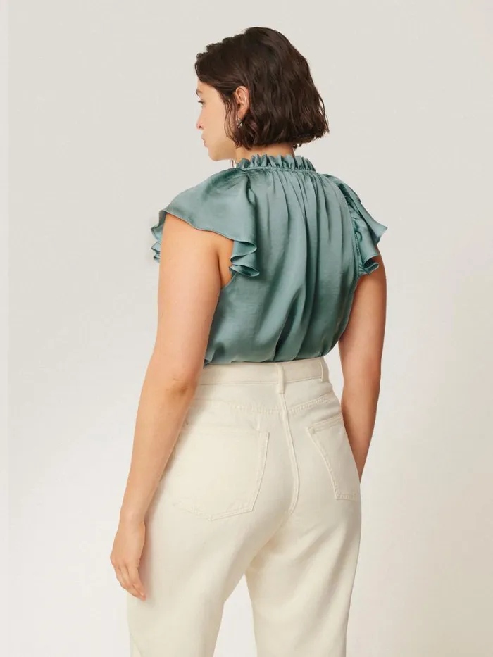 Recycled Satin Frill Neck Top Green Women Jigsaw Party