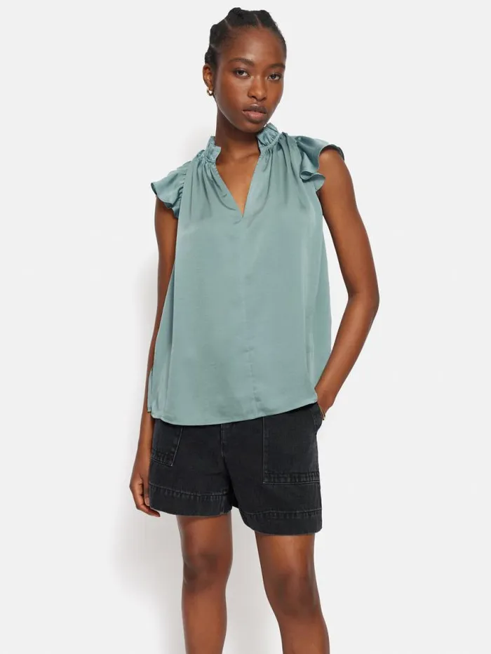 Recycled Satin Frill Neck Top Green Women Jigsaw Party