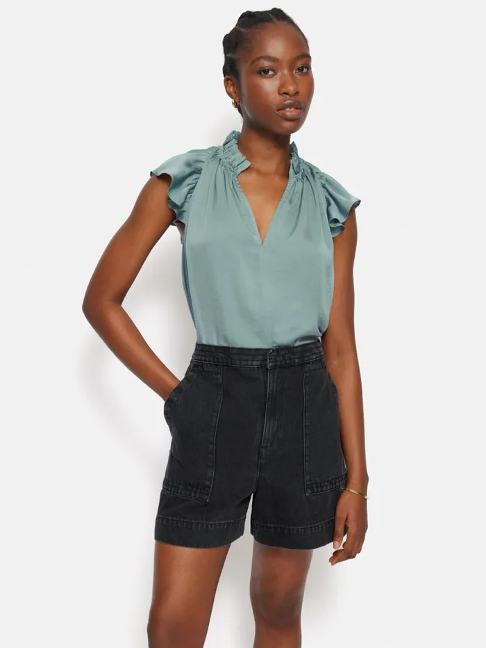 Recycled Satin Frill Neck Top Green Women Jigsaw Party