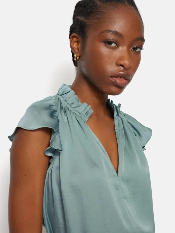Recycled Satin Frill Neck Top Green Women Jigsaw Party