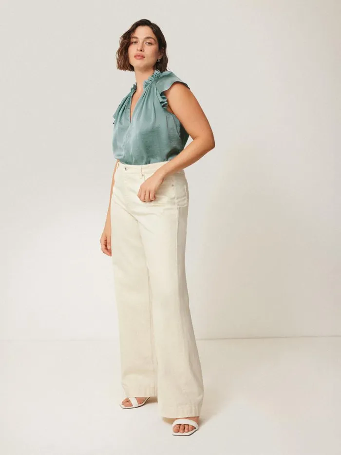 Recycled Satin Frill Neck Top Green Women Jigsaw Party