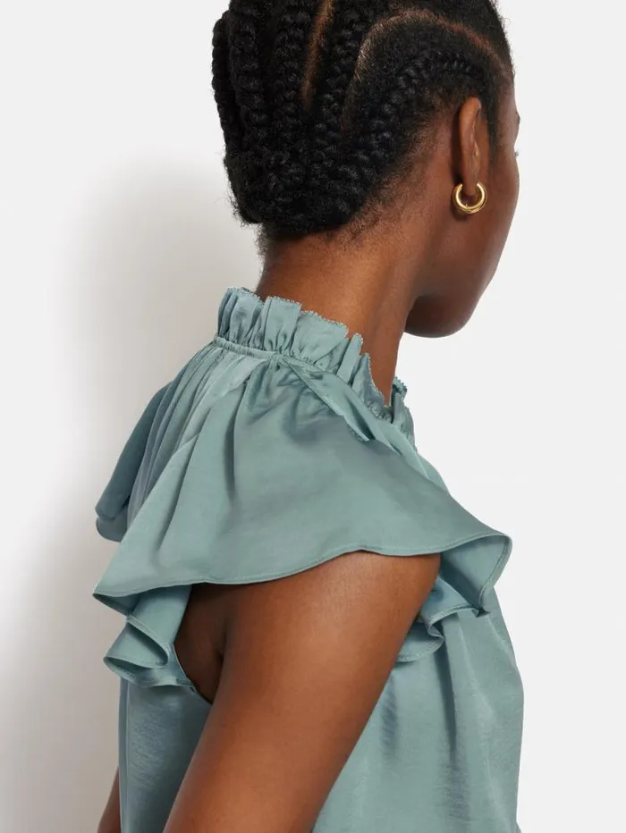 Recycled Satin Frill Neck Top Green Women Jigsaw Party
