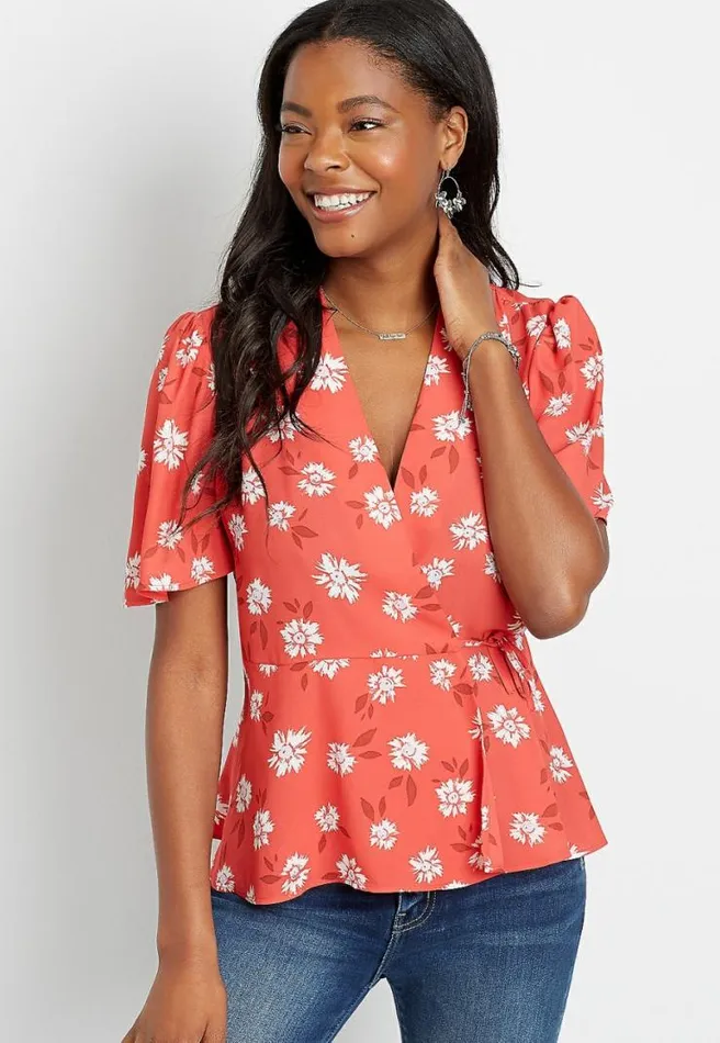 Red Daisy Wrap Flutter Sleeve Blouse Women Maurices Tops