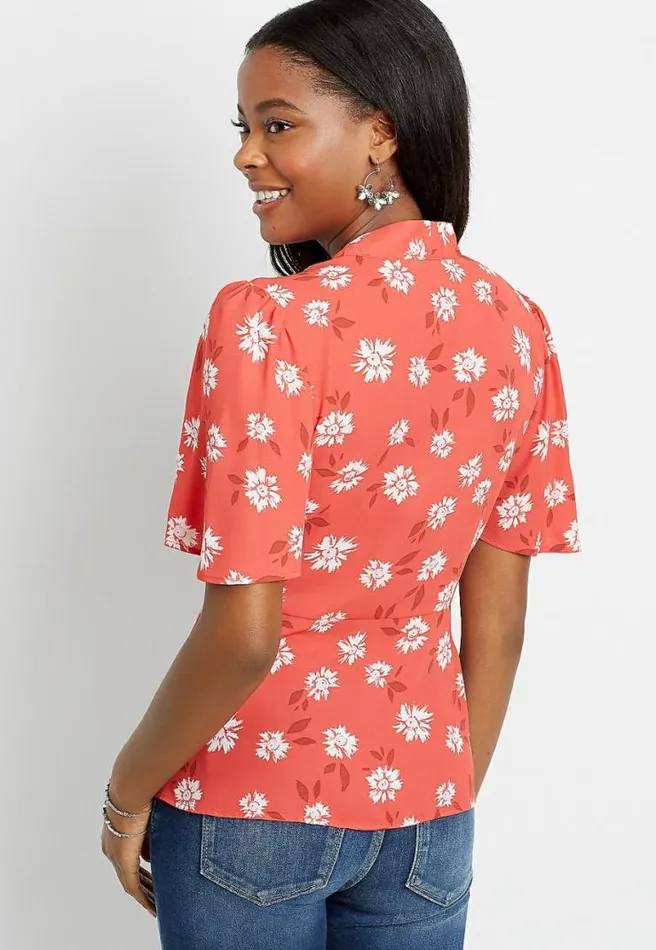 Red Daisy Wrap Flutter Sleeve Blouse Women Maurices Tops