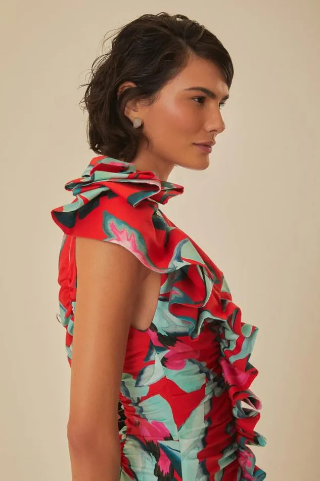Red Summer Foliage One Shoulder Maxi Dress Women FARM Rio Maxi Dresses