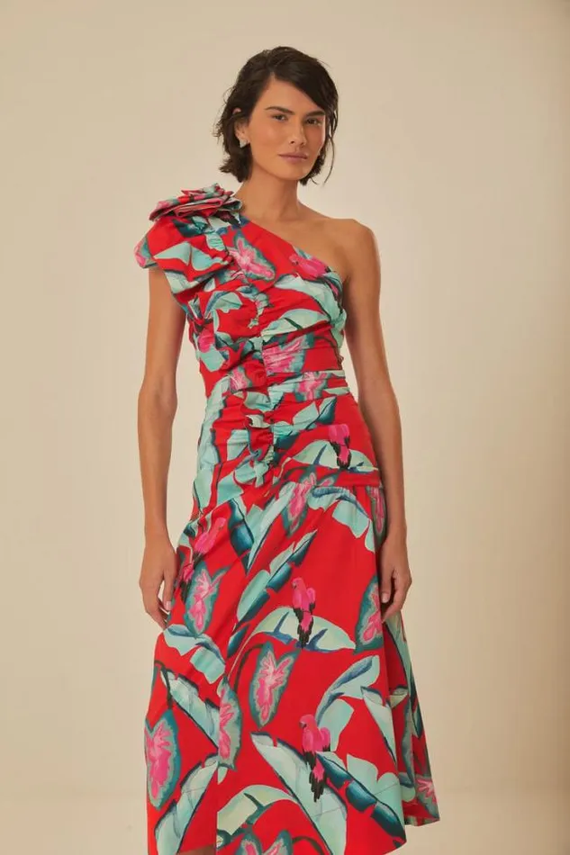 Red Summer Foliage One Shoulder Maxi Dress Women FARM Rio Maxi Dresses