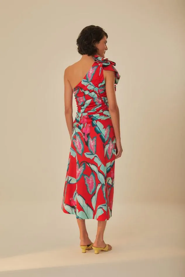 Red Summer Foliage One Shoulder Maxi Dress Women FARM Rio Maxi Dresses