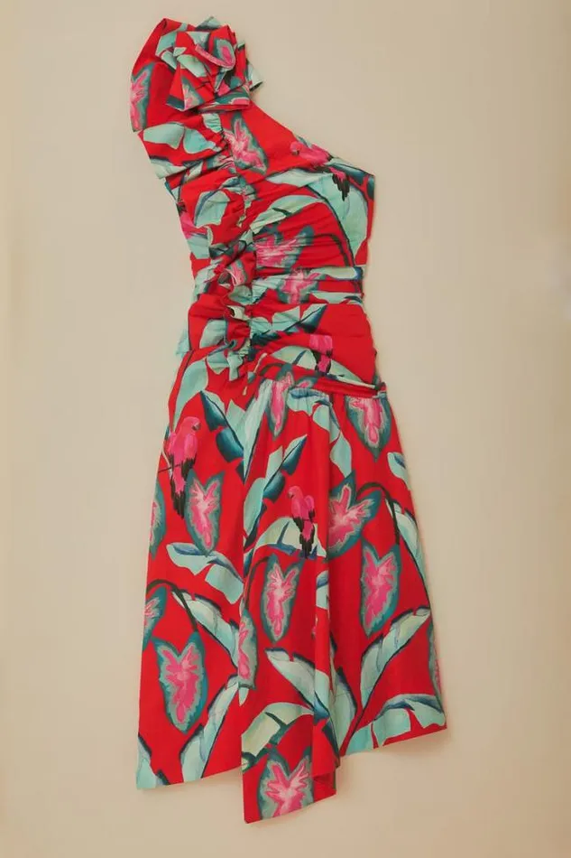 Red Summer Foliage One Shoulder Maxi Dress Women FARM Rio Maxi Dresses