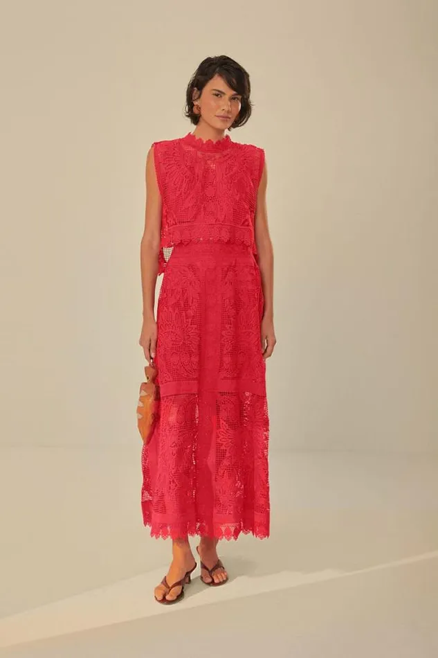 Red Toucan Guipure Midi Skirt Women FARM Rio Skirts