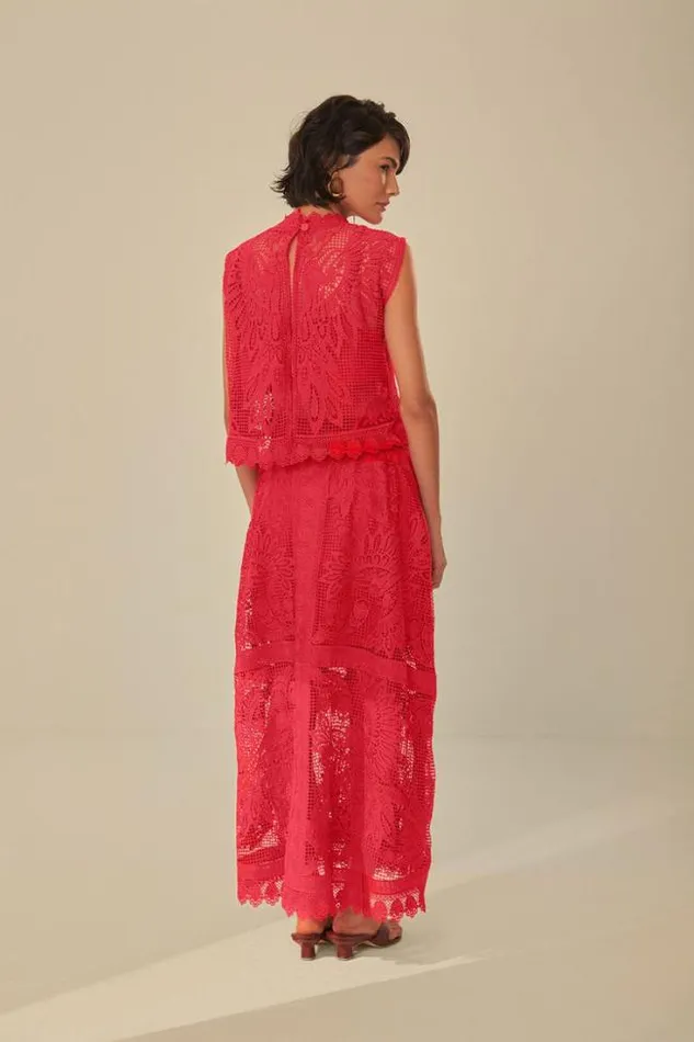 Red Toucan Guipure Midi Skirt Women FARM Rio Skirts