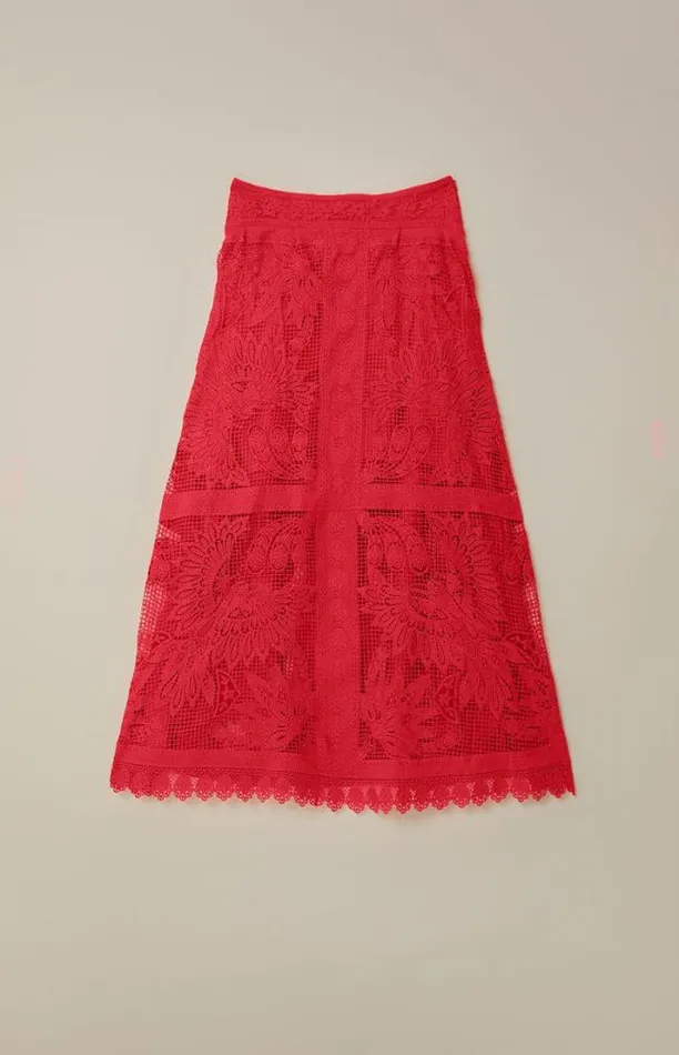 Red Toucan Guipure Midi Skirt Women FARM Rio Skirts