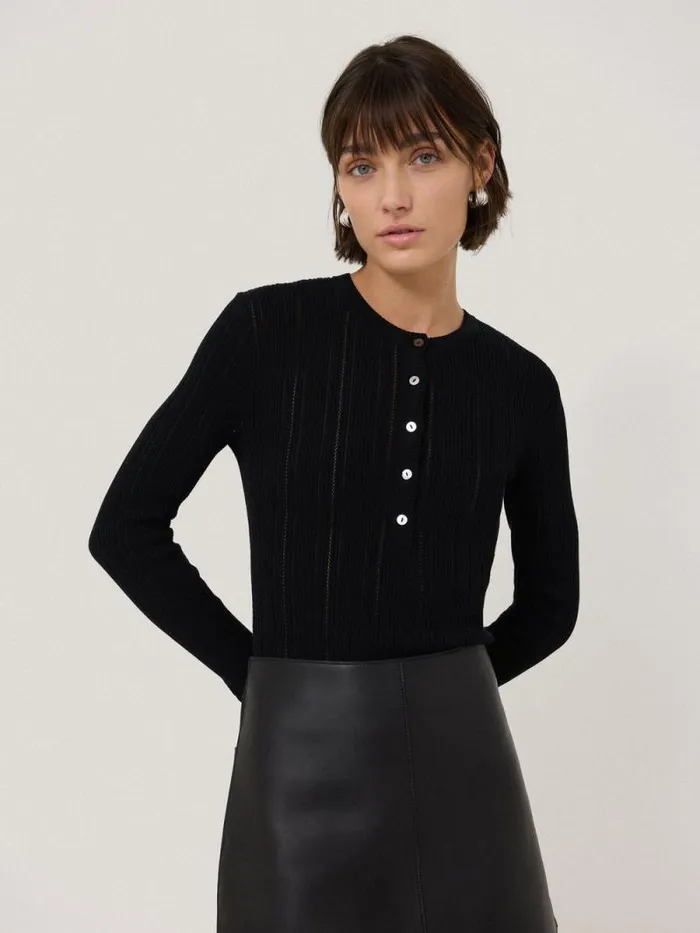 Rib Pointelle Henley Jumper Black Women Jigsaw Knitwear and Cashmere