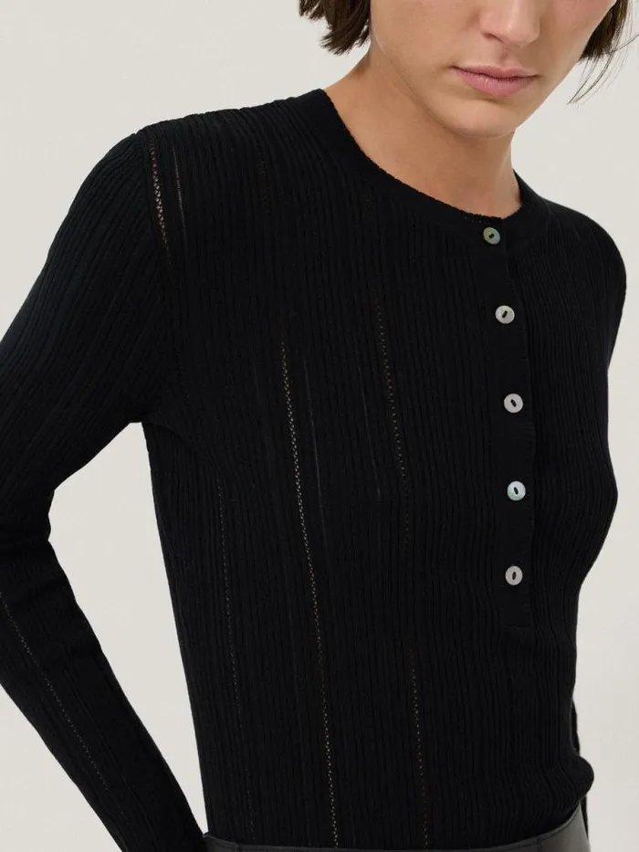 Rib Pointelle Henley Jumper Black Women Jigsaw Knitwear and Cashmere