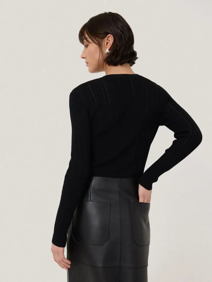 Rib Pointelle Henley Jumper Black Women Jigsaw Knitwear and Cashmere