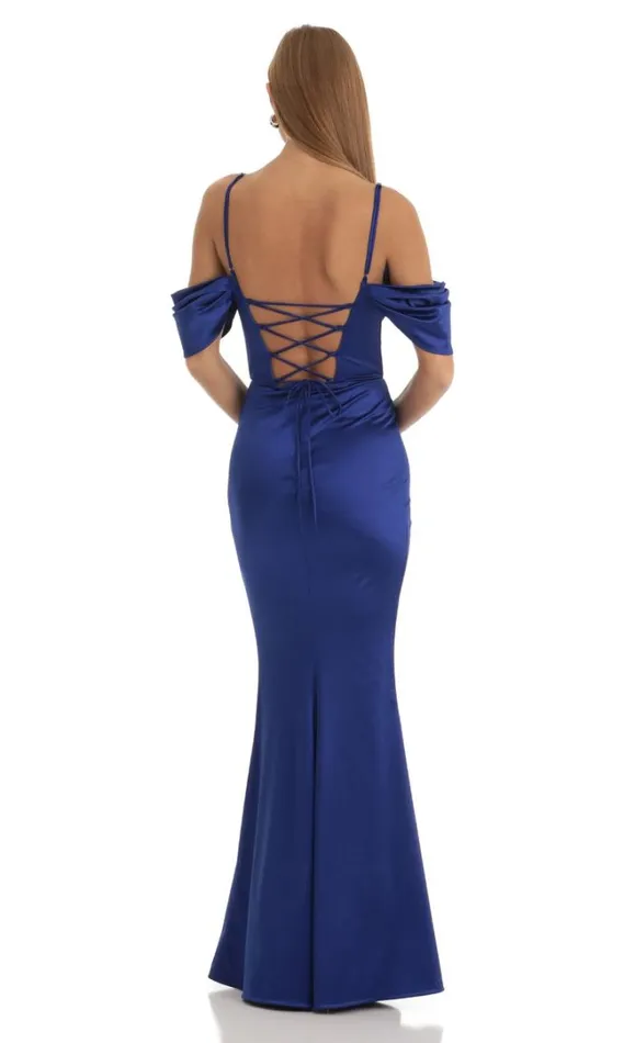 Ruched Satin Maxi Dress Blue Women LUCY IN THE SKY Maxi Dresses Ruched Satin Maxi Dress Blue Women LUCY IN THE SKY Maxi Dresses