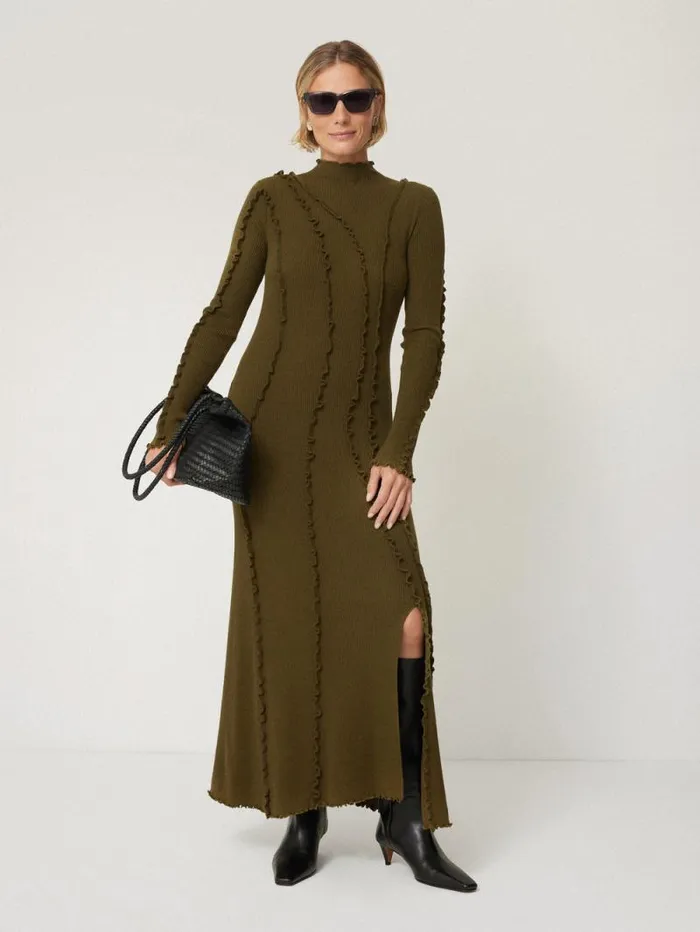 Ruffle Detail Knitted Dress Khaki Women Jigsaw Dresses and Jumpsuits