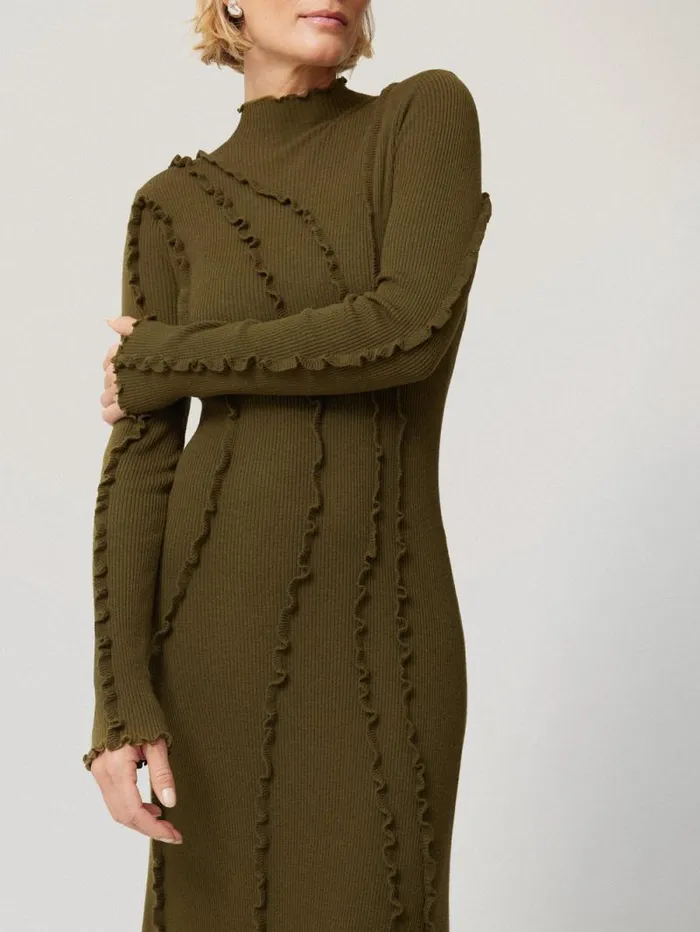Ruffle Detail Knitted Dress Khaki Women Jigsaw Dresses and Jumpsuits