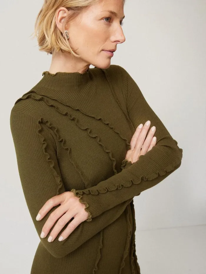 Ruffle Detail Knitted Dress Khaki Women Jigsaw Dresses and Jumpsuits