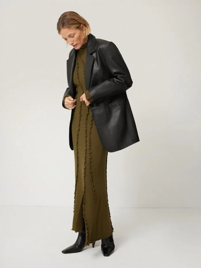 Ruffle Detail Knitted Dress Khaki Women Jigsaw Dresses and Jumpsuits