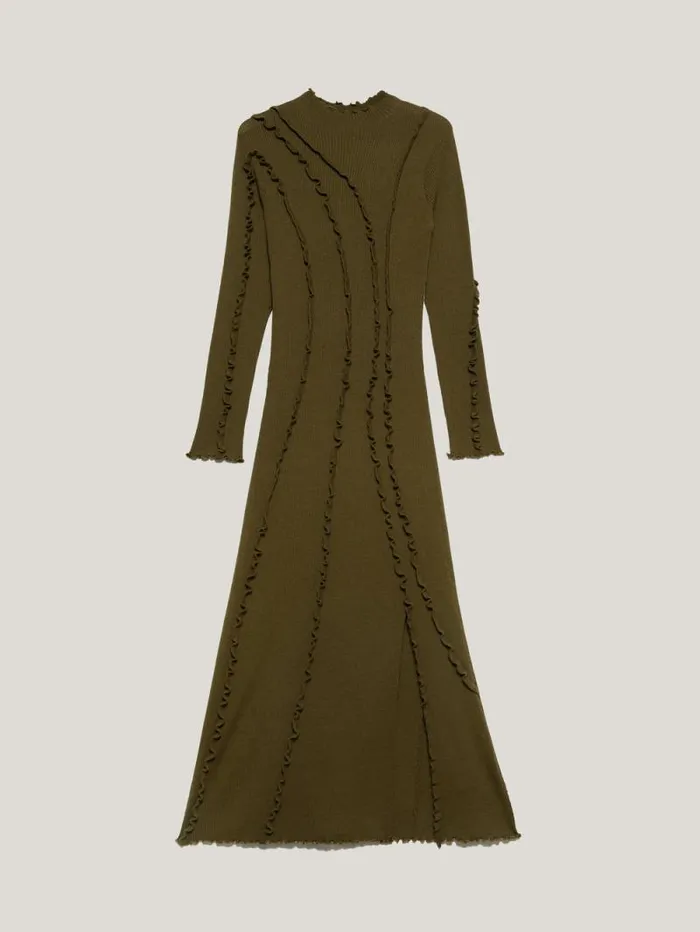 Ruffle Detail Knitted Dress Khaki Women Jigsaw Dresses and Jumpsuits