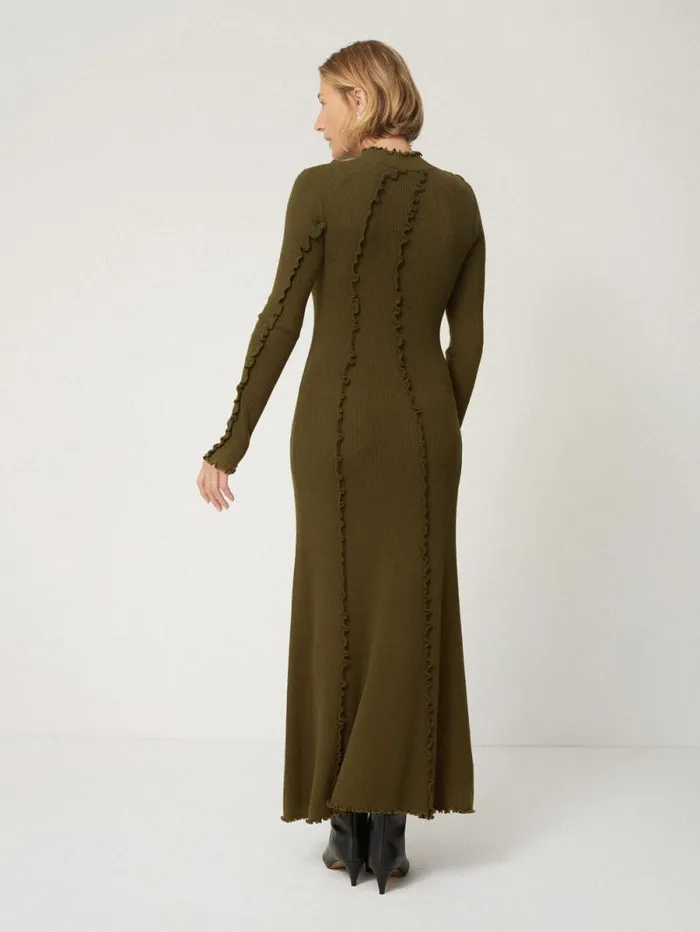 Ruffle Detail Knitted Dress Khaki Women Jigsaw Knitwear and Cashmere