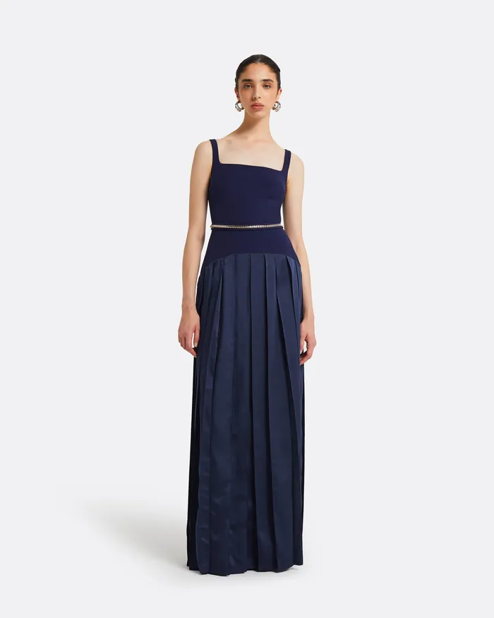 Safiyaa Luce Azurite Blue Long Dress With Embroidered Belt Azurite Blue Women Dresses