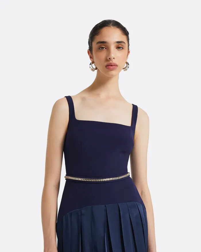 Safiyaa Luce Azurite Blue Long Dress With Embroidered Belt Azurite Blue Women Dresses