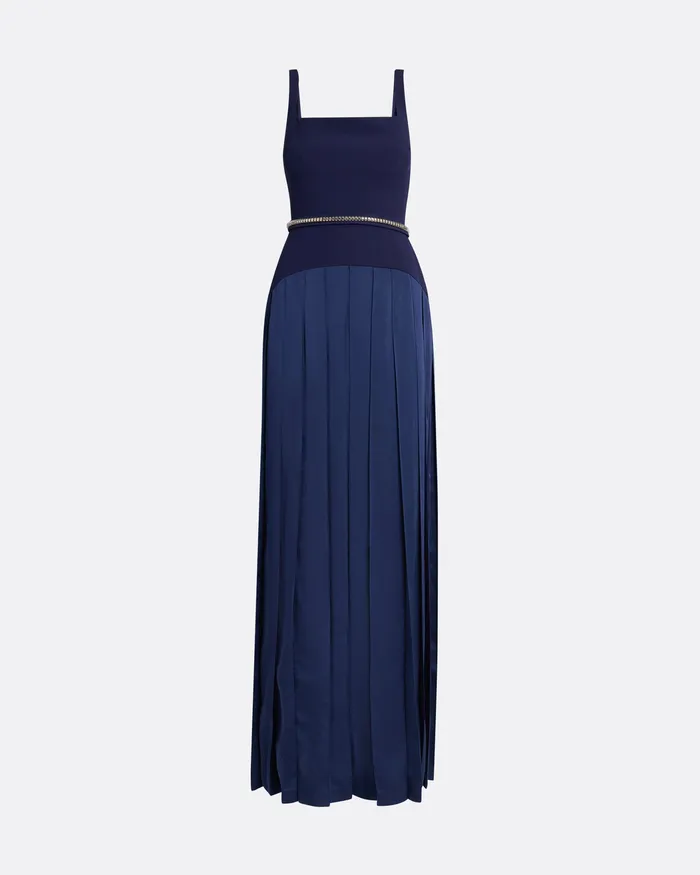 Safiyaa Luce Azurite Blue Long Dress With Embroidered Belt Azurite Blue Women Dresses