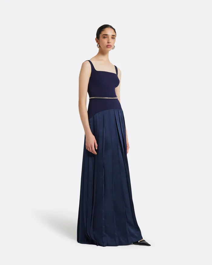 Safiyaa Luce Azurite Blue Long Dress With Embroidered Belt Azurite Blue Women Dresses