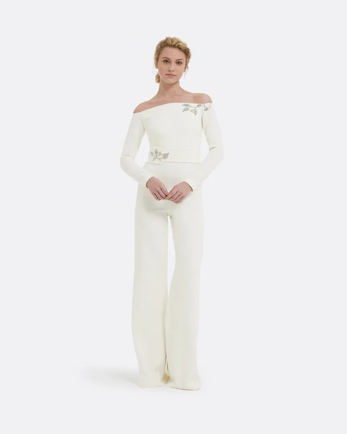 Safiyaa Veasna Ivory and Flower Bud Embroidery Jumpsuit Ivory Women Jumpsuits