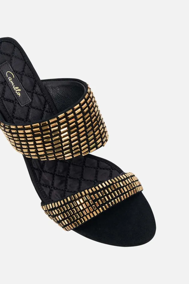 SARA SNAKE BLOCK HEEL MULE SOLID BLACK Solid Black WomensMens Camilla Shoes