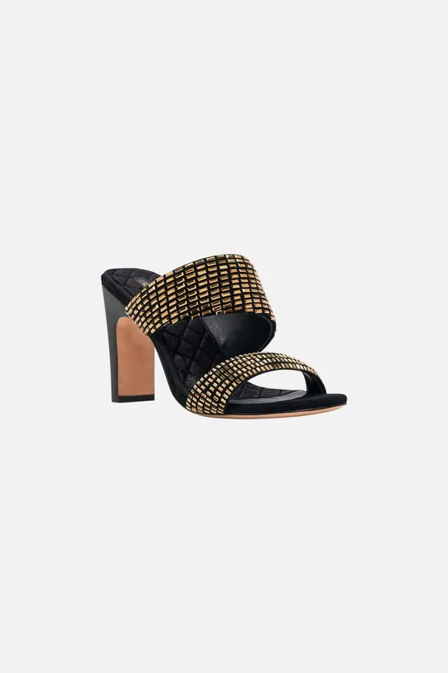 SARA SNAKE BLOCK HEEL MULE SOLID BLACK Solid Black WomensMens Camilla Shoes