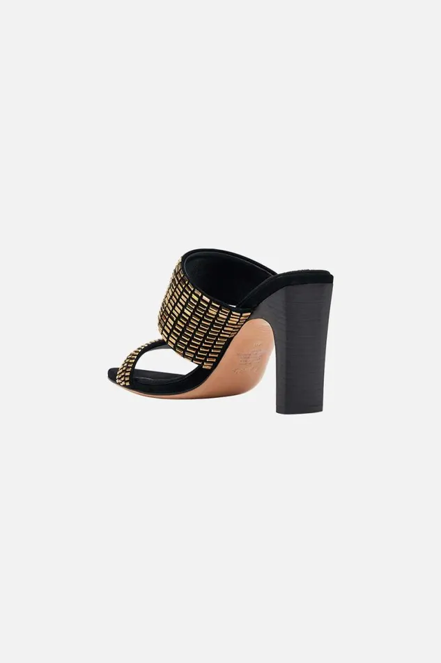 SARA SNAKE BLOCK HEEL MULE SOLID BLACK Solid Black WomensMens Camilla Shoes