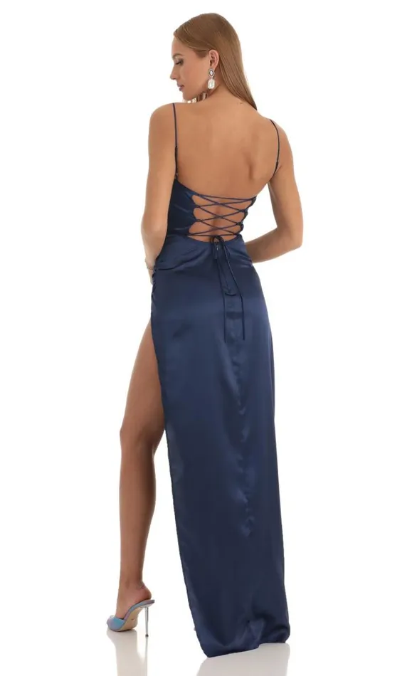 Satin Draped High Slit Maxi Dress Navy Women LUCY IN THE SKY Maxi Dresses Satin Draped High Slit Maxi Dress Navy Women LUCY IN THE SKY Maxi Dresses