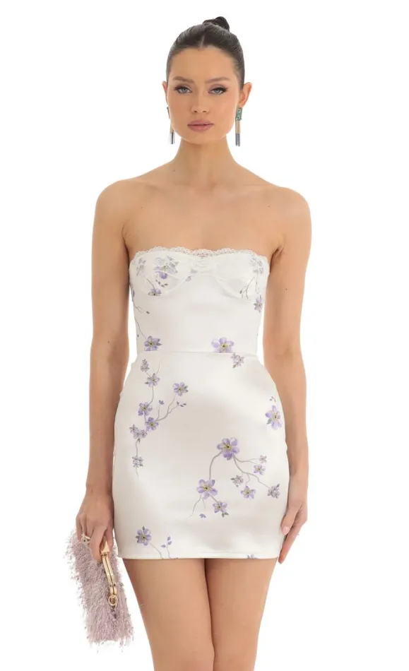 Satin Floral Lace Strapless Dress White Women LUCY IN THE SKY Mini Dresses